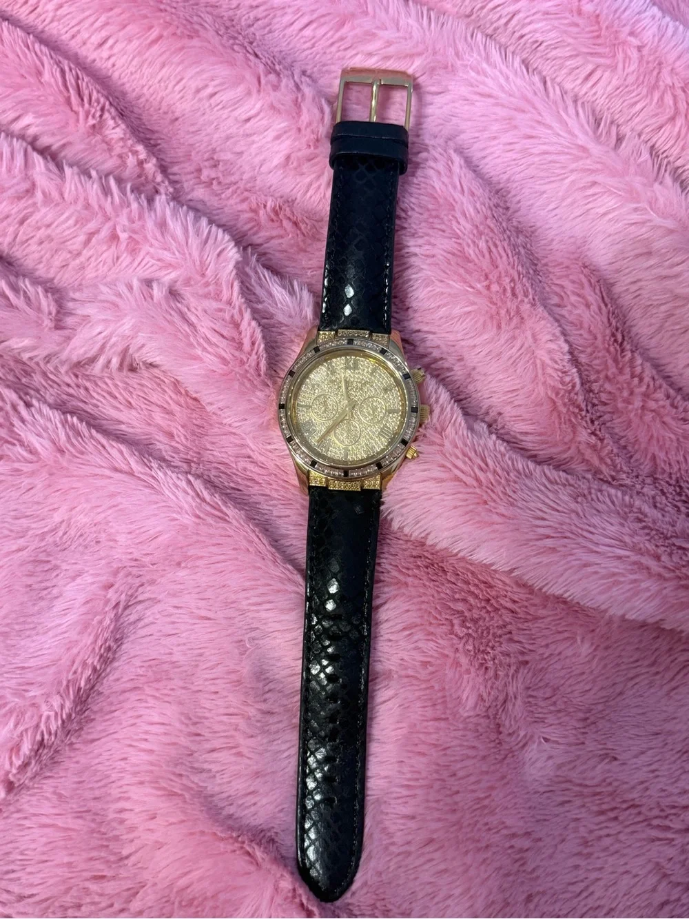 Michael Kors Gold Crystal Dial Unisex Watch with Black Leather Strap